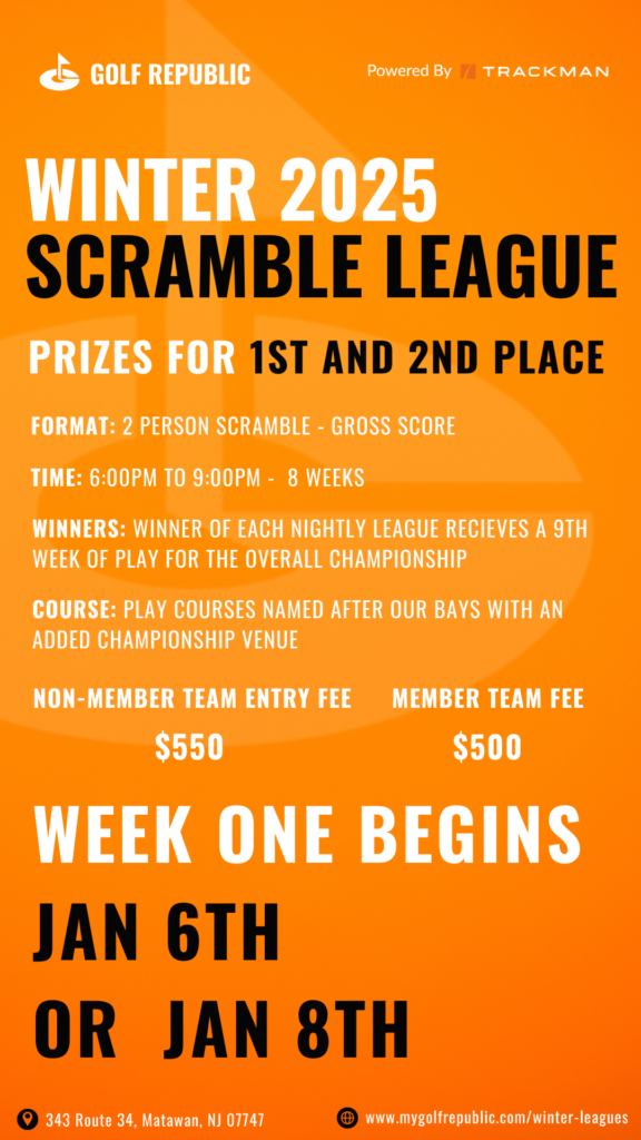 Flyer for Golf Republic's Winter League, featuring a vibrant orange background and details about the scramble league.